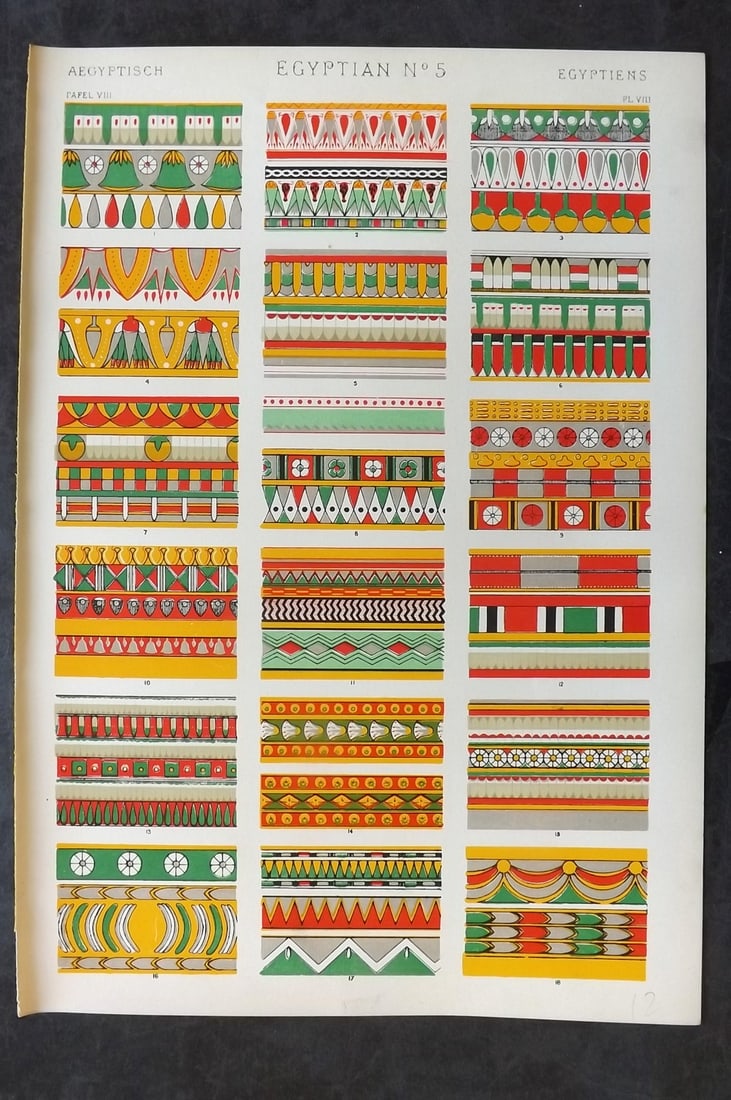 Jones, Owen 1910 Folio Architectural Design Print. Egypt 05: Chromolithograph Published 1910 by Bernard Quaritch, London for "The Grammar of Ornament" by Owen Jones. Paper Size: 13 x 9 inch (33 x 23cm) Good Condition