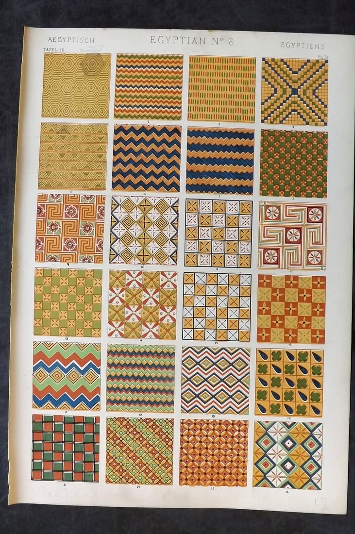 Jones, Owen 1910 Folio Architectural Design Print. Egypt 06: Chromolithograph Published 1910 by Bernard Quaritch, London for "The Grammar of Ornament" by Owen Jones. Paper Size: 13 x 9 inch (33 x 23cm) Good Condition
