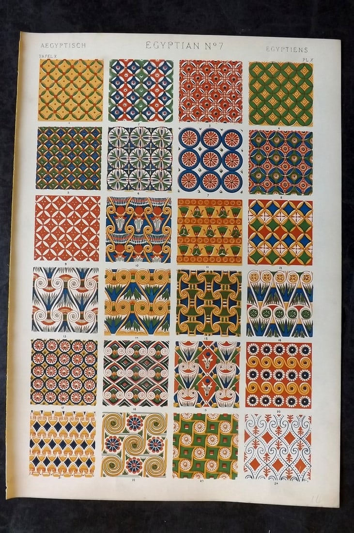 Jones, Owen 1910 Folio Architectural Design Print. Egypt 07: Chromolithograph Published 1910 by Bernard Quaritch, London for "The Grammar of Ornament" by Owen Jones. Paper Size: 13 x 9 inch (33 x 23cm) Good Condition
