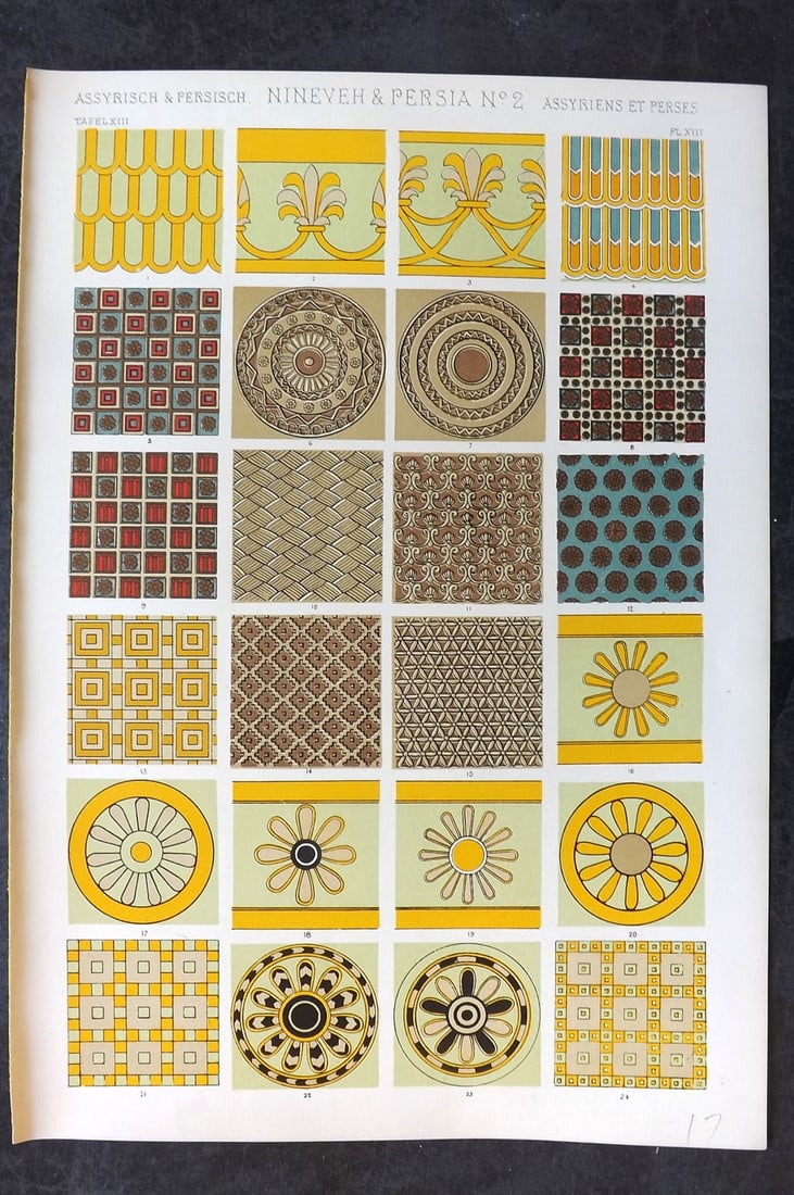 Jones, Owen 1910 Folio Architectural Design Print. Nineveh & Persia 02: Chromolithograph Published 1910 by Bernard Quaritch, London for "The Grammar of Ornament" by Owen Jones. Paper Size: 13 x 9 inch (33 x 23cm) Good Condition