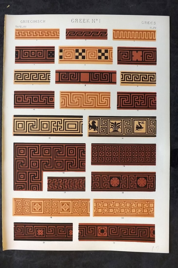 Jones, Owen 1910 Folio Architectural Design Print. Greek Greece 01: Chromolithograph Published 1910 by Bernard Quaritch, London for "The Grammar of Ornament" by Owen Jones. Paper Size: 13 x 9 inch (33 x 23cm) Good Condition