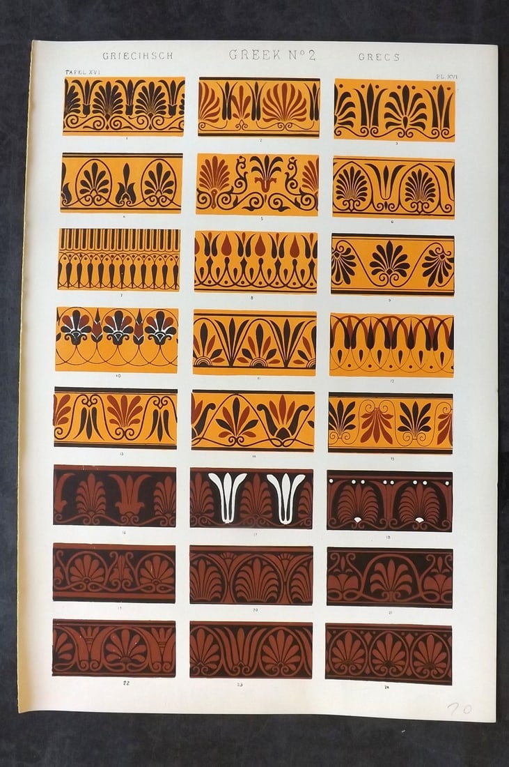 Jones, Owen 1910 Folio Architectural Design Print. Greek Greece 02: Chromolithograph Published 1910 by Bernard Quaritch, London for "The Grammar of Ornament" by Owen Jones. Paper Size: 13 x 9 inch (33 x 23cm) Good Condition