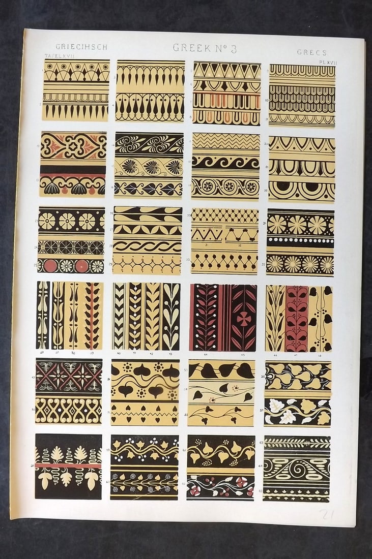Jones, Owen 1910 Folio Architectural Design Print. Greek Greece 03: Chromolithograph Published 1910 by Bernard Quaritch, London for "The Grammar of Ornament" by Owen Jones. Paper Size: 13 x 9 inch (33 x 23cm) Good Condition