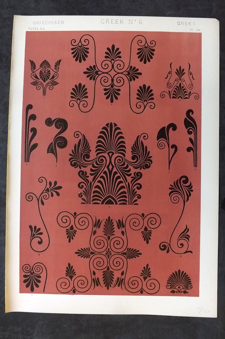 Jones, Owen 1910 Folio Architectural Design Print. Greek Greece 06: Chromolithograph Published 1910 by Bernard Quaritch, London for "The Grammar of Ornament" by Owen Jones. Paper Size: 13 x 9 inch (33 x 23cm) Good Condition