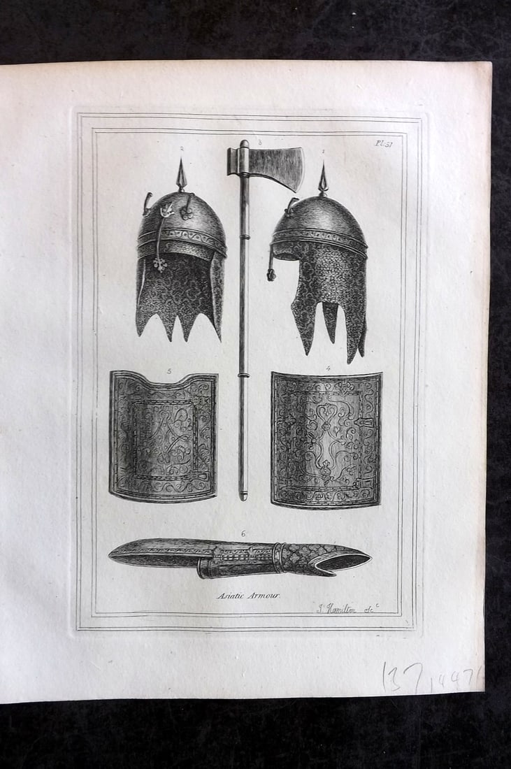 Grose, Francis 1801 Antique Military Print. Asiatic Armour 51: Copper Plate Published 1801, London for "Military Antiquities Respecting a History of the English Army from the Conquest to the Present Time" by Francis Grose. Paper Size: 10.5 x 8 inch (27 x 21cm) Go