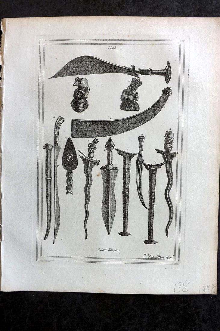 Grose, Francis 1801 Antique Military Print. Asiatic Weapons 52: Copper Plate Published 1801, London for "Military Antiquities Respecting a History of the English Army from the Conquest to the Present Time" by Francis Grose. Paper Size: 10.5 x 8 inch (27 x 21cm) Go