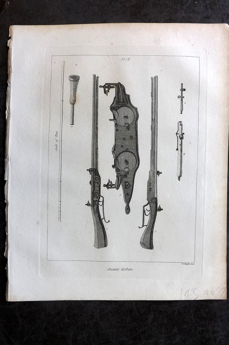 Grose, Francis 1801 Antique Military Print. Ancient Carbine 57: Copper Plate Published 1801, London for "Military Antiquities Respecting a History of the English Army from the Conquest to the Present Time" by Francis Grose. Paper Size: 10.5 x 8 inch (27 x 21cm) Ve