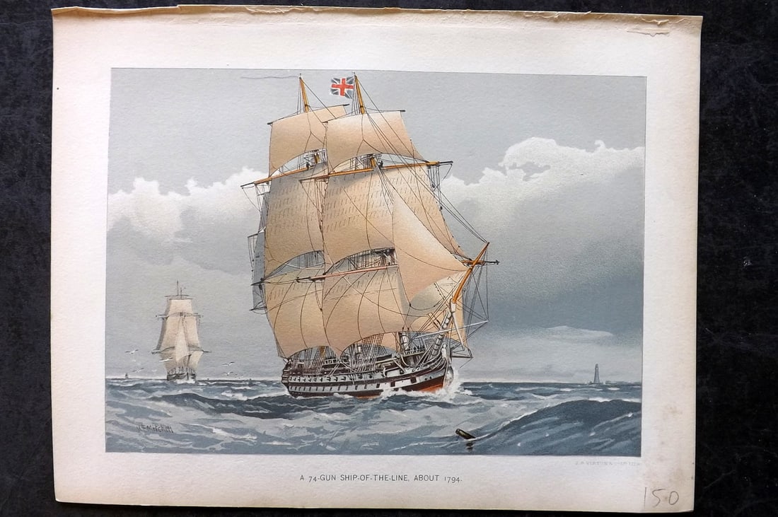 H. M. Navy 1893 Antique Ship Print. A 74 Gun Ship-Of-The-Line about 1794: Chromolithograph Published 1889-1893 by J.S.Virtue & Co., London for "Her Majesty's Navy" By Lt. Charles Rathbone Low. Illustrated by W. Christian Symons and W. Fred Mitchell. Paper Size: 10.5 x 8 inc
