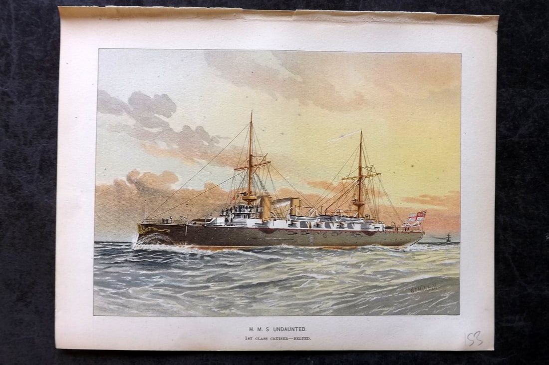 H. M. Navy 1893 Antique Ship Print. H. M. S. Undaunted: Chromolithograph Published 1889-1893 by J.S.Virtue & Co., London for "Her Majesty's Navy" By Lt. Charles Rathbone Low. Illustrated by W. Christian Symons and W. Fred Mitchell. Paper Size: 10.5 x 8 inc