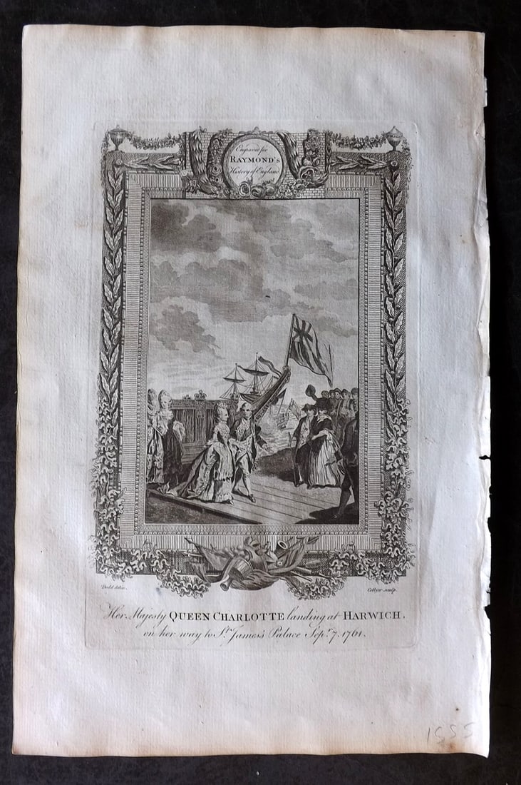 Raymond, George 1787 Folio Naval Print. Queen Charlotte Landing at Harwich: Folio Copper Plate Published 1787, London for "A New, Universal and Impartial History of England" also titled "Raymond's History of England" by George Frederick Raymond. Paper Size: 14 x 9 inch (36 x 