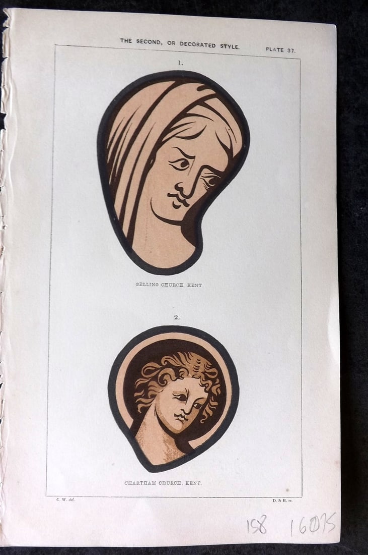 Winston 1847 Hand Col Stained Glass Print. Selling & Chartham Church, Kent 37: Hand Colored Woodblock Published 1847, London for "An Inquiry Into the Difference of Style Observable in Ancient Glass Paintings, Especially in England, with Hints on Glass Painting" by Charles Winsto