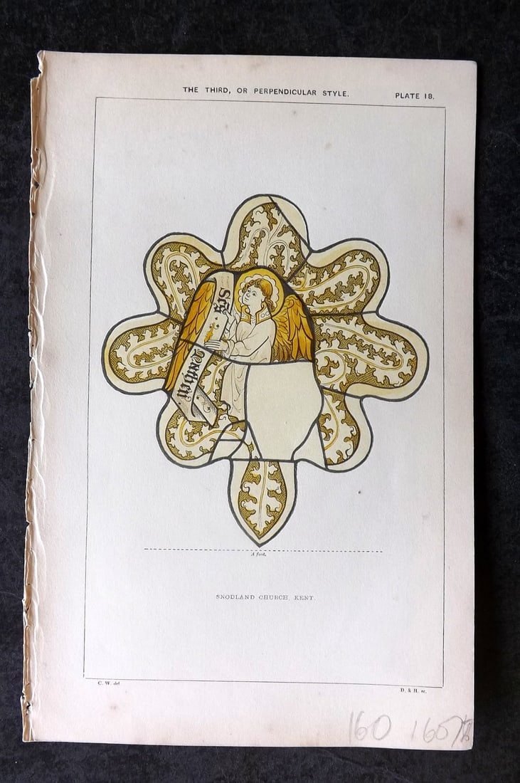 Winston 1847 Hand Col Stained Glass Print. Snodland Church, Kent 18: Hand Colored Woodblock Published 1847, London for "An Inquiry Into the Difference of Style Observable in Ancient Glass Paintings, Especially in England, with Hints on Glass Painting" by Charles Winsto