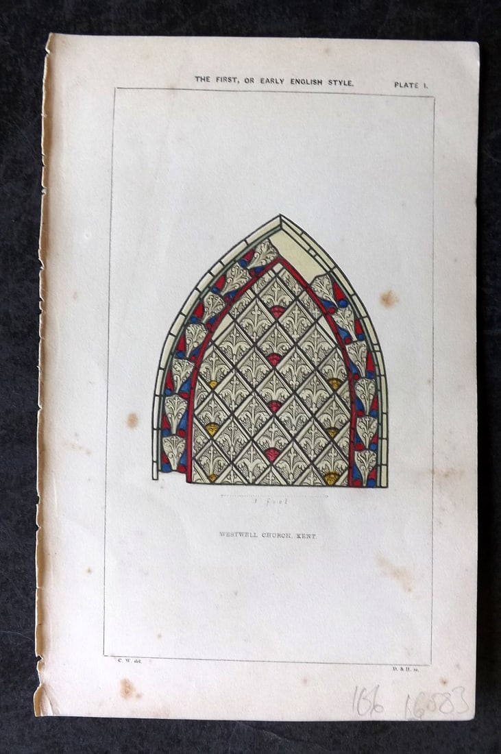 Winston 1847 Hand Col Stained Glass Print. Westwell Church, Kent 01: Hand Colored Woodblock Published 1847, London for "An Inquiry Into the Difference of Style Observable in Ancient Glass Paintings, Especially in England, with Hints on Glass Painting" by Charles Winsto