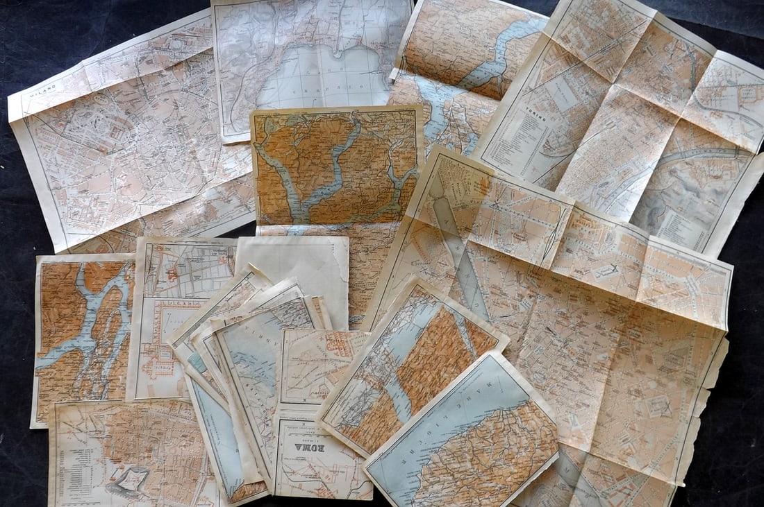 Baedeker, Karl 1909 Lot of 24 Antique Maps. Italy: Lithograph Maps Published 1909, Leipzig for "Italy. From the Alps to Naples" by Karl Baedeker. Folds as issued. Paper Size: Up to 9 x 9 inch (23 x 23cm) Good Condition