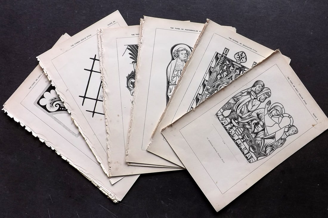 Winston, Charles 1847 Lot of 16 Antique Stained Glass Prints: Woodblock Published 1847, London for "An Inquiry Into the Difference of Style Observable in Ancient Glass Paintings, Especially in England, with Hints on Glass Painting" by Charles Winston.Paper Size: