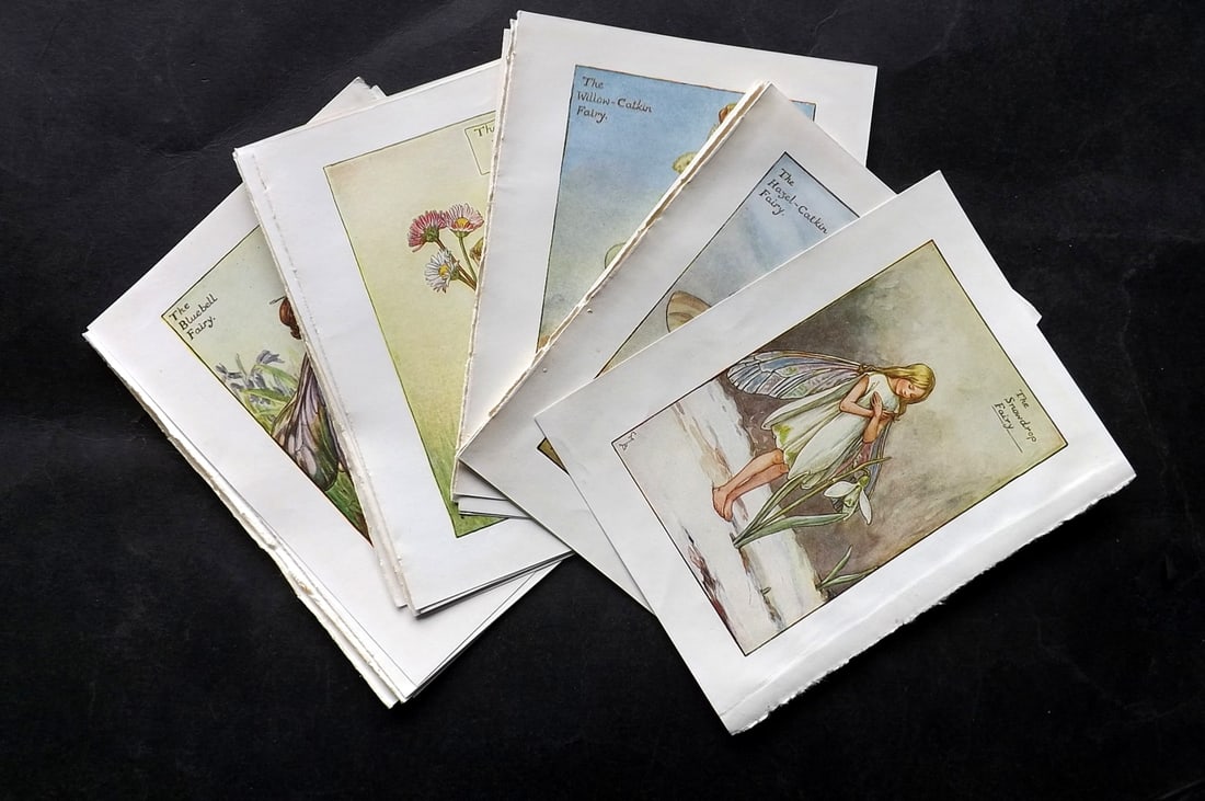 Barker, Cicely Mary C1940 Lot of 24 Flower-Fairy Prints - Spring: Spring Fairies. Lithographs Published C1935-45 by Blackie & Son, London & Glasgow for the "Flower-Fairies" Series by Cicely Mary Barker. Reverse side blank.Paper Size: 5.5 x 4 inch (14 x 10cm) Good Co