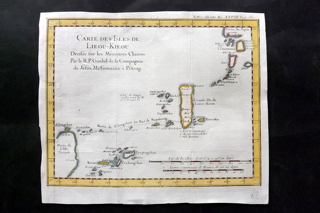 Le Gobien, Charles 1758 HCol Map. Taiwan, China & Japan: "Carte des Isles de Lieou-Kieou" by R. P. Gaubil. Hand Colored Copper Engraved Map Published 1758, Paris for "Lettres Edifiantes Et Curieuses..." by Charles Le Gobien. Folds as issued. Paper Size: 9 x