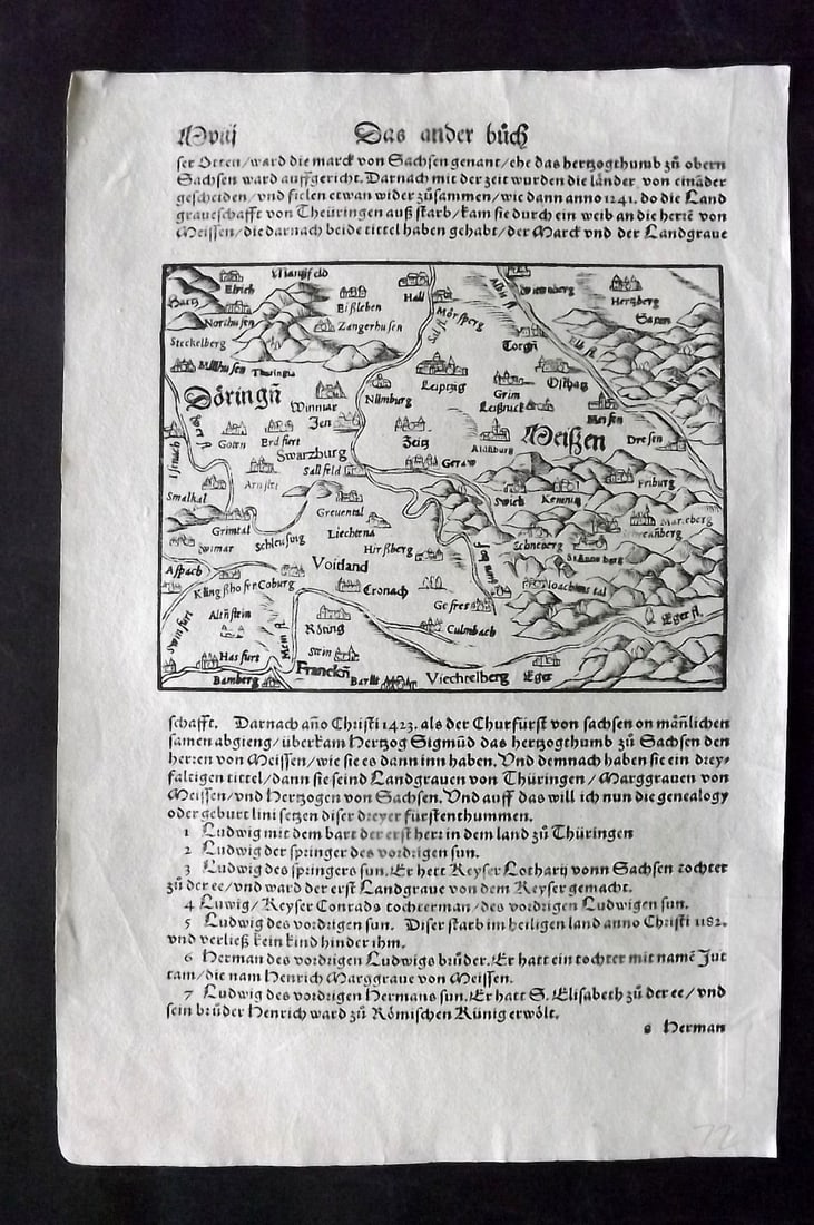 Munster, Sebastian 1561 Early Woodcut Map. Nuremberg, Vogtland, Schwarzburg, Leipzig. Germany (1 of 2)