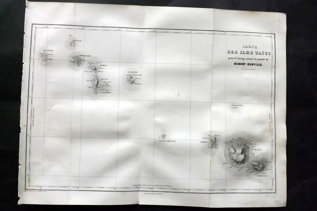 Pacific Tahiti - d'Urville, Jules Dumont 1859 Antique Map: "Carte des Iles Taiti" Steel Engraved Map Published 1859, Paris for "Histoire Generale des Voyages..." By Jules Dumont d'Urville. Folds as issued. Paper Size: 14 x 10.5 inch (36 x 27cm) Very minor ton