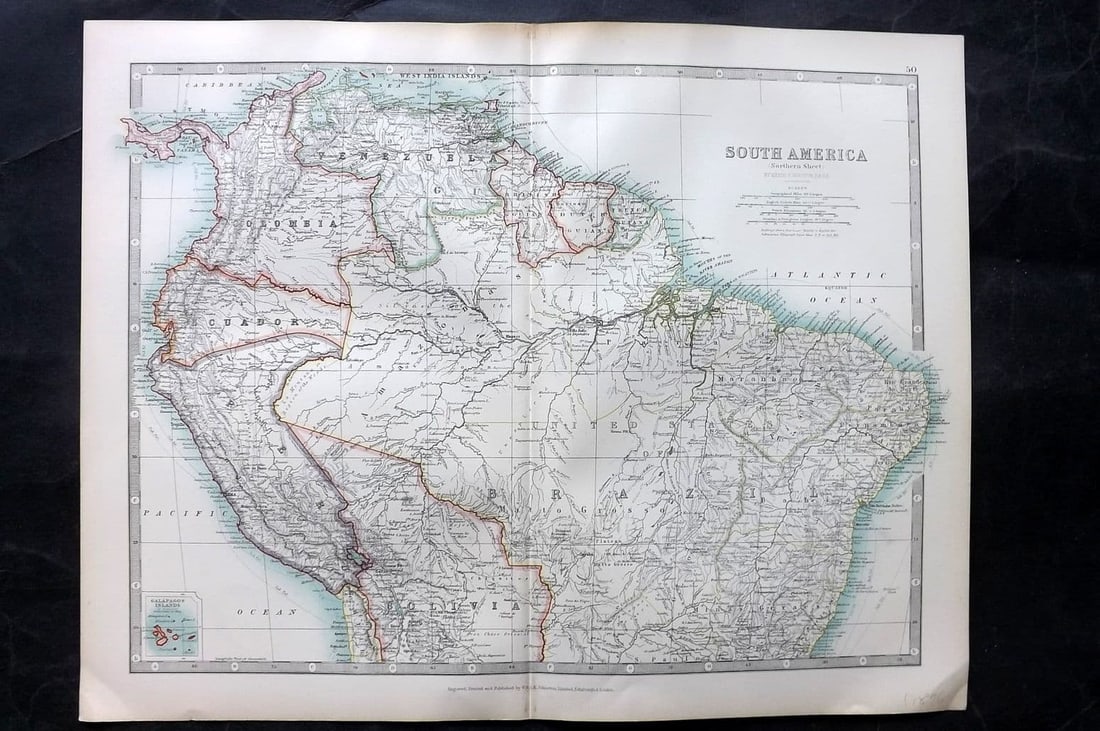 Johnston 1906 Antique Map. South America - Northern Sheet: Antique Folio Steel Engraved Map Published 1906, Edinburgh & London for "The Handy Atlas of Modern Geography" by Alexander Keith Johnston and G. H. Johnston. Centre fold as published. Paper Size: 19 x
