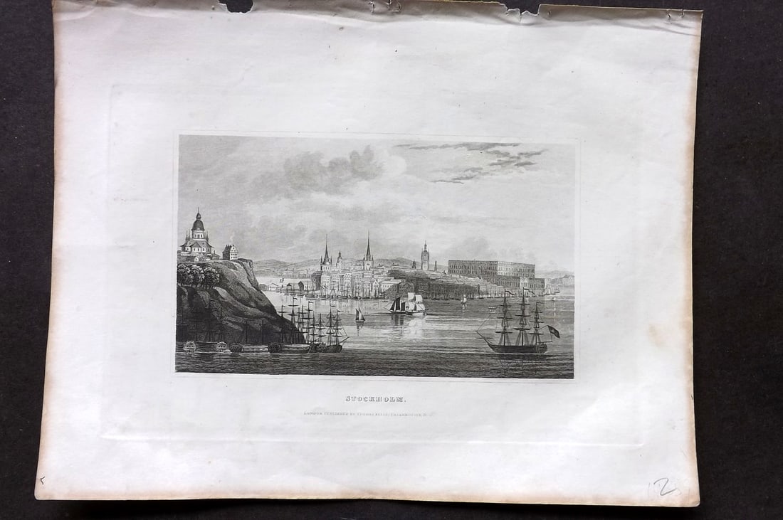 Kelly, Christopher 1841 Antique Print. Stockholm, Sweden. Ships: Steel Engraving Published 1841, London for "An Authentic History and Entertaining Description of the World and its Inhabitants..." by Christopher Kelly and Thomas Bartlett. Paper Size: 10.5 x 8 inch (