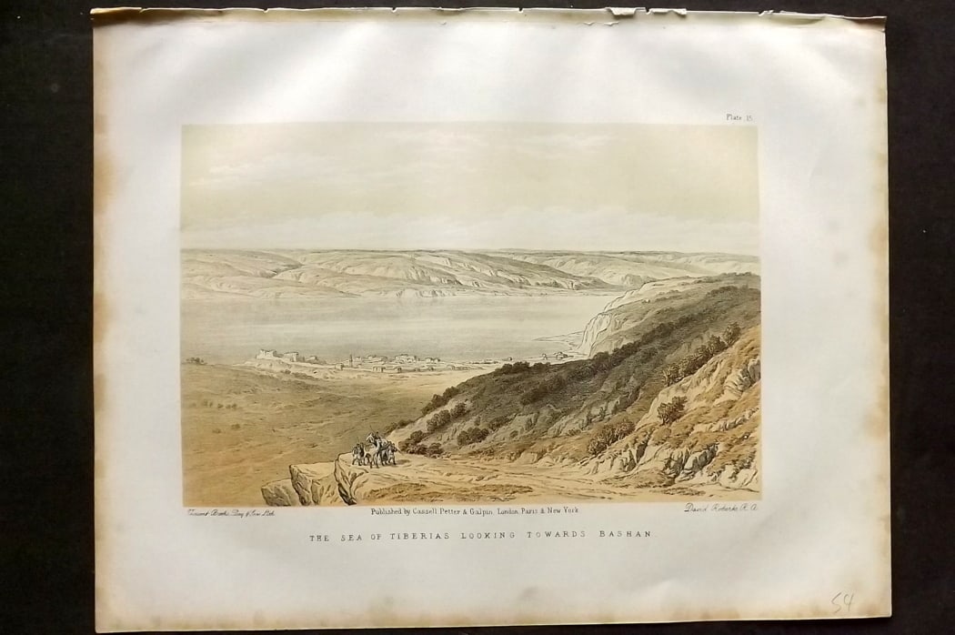 Roberts, David C1880 Holy Land Print. Sea of Tiberias looking towards Bashan: Lithograph Published C1880, by Cassell & Co., London for "The Life of Christ" by F. W. Farrar. Illustrated by David Roberts. Paper Size: 12.5 x 9.5 inch (32 x 24cm) Very minor margin toning. Good Cond
