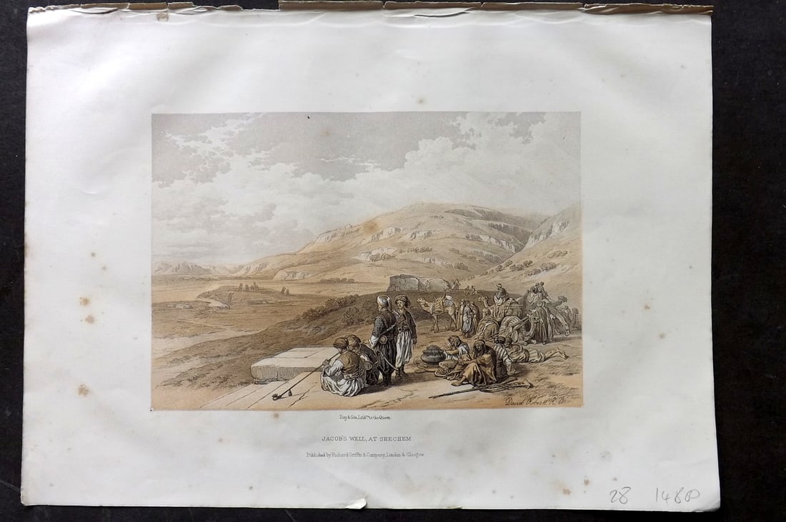 Roberts, David 1857 Antique Print. Jacob's Well at Shechem: Lithograph Published C1880, by Cassell & Co., London for "The Life of Christ" by F. W. Farrar. Illustrated by David Roberts. Paper Size: 12.5 x 9.5 inch (32 x 24cm) Very minor margin toning. Good Cond