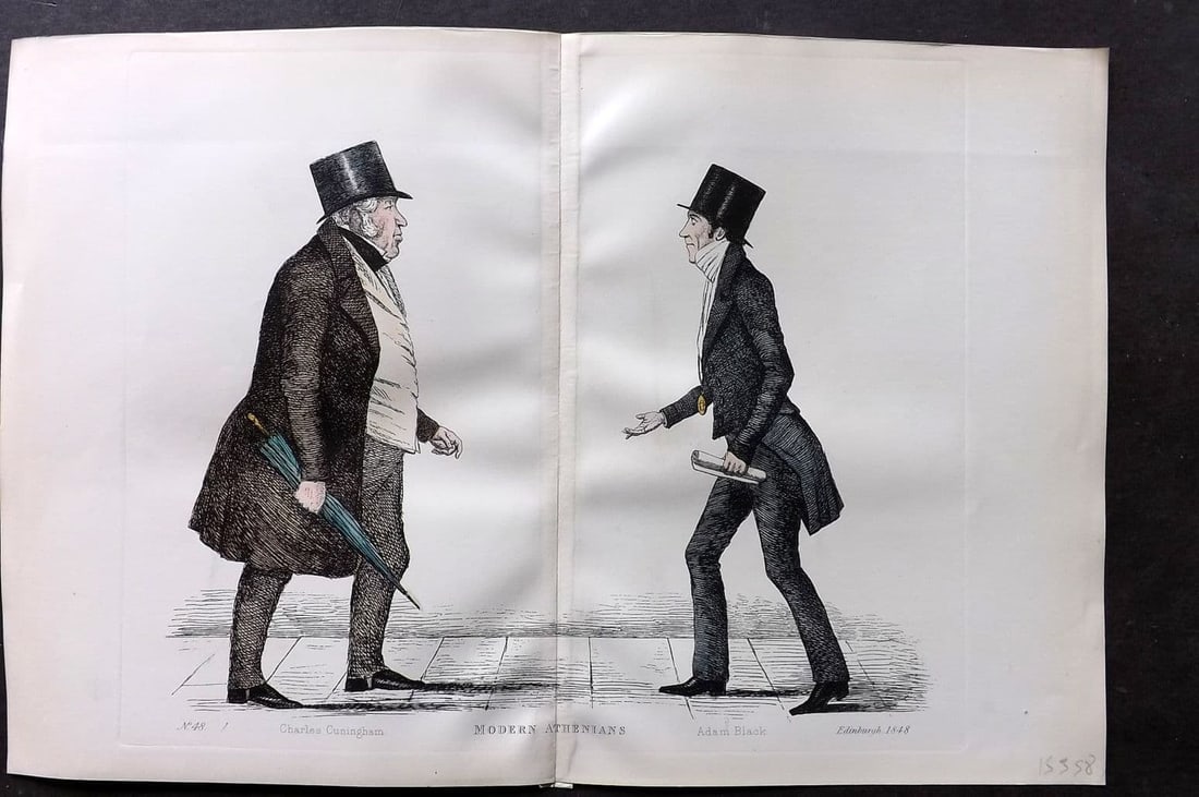 Crombie, Benjamin 1882 HCol Scottish Portrait Print. Charles Cunningham & Adam Black: Antique Etching Published 1882, Edinburgh for "Modern Athenians A Series of Original Portraits of Memorable Citizens of Edinburgh" Drawn and Etched by Benjamin W. Crombie between 1837-47. Centre fold