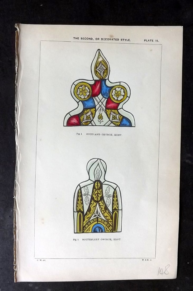 Winston, Charles 1847 Hand Col Stained Glass Print. Snodland & Southfleet Church, Kent 15: Hand Colored Woodblock Published 1847, London for "An Inquiry Into the Difference of Style Observable in Ancient Glass Paintings, Especially in England, with Hints on Glass Painting" by Charles Winsto