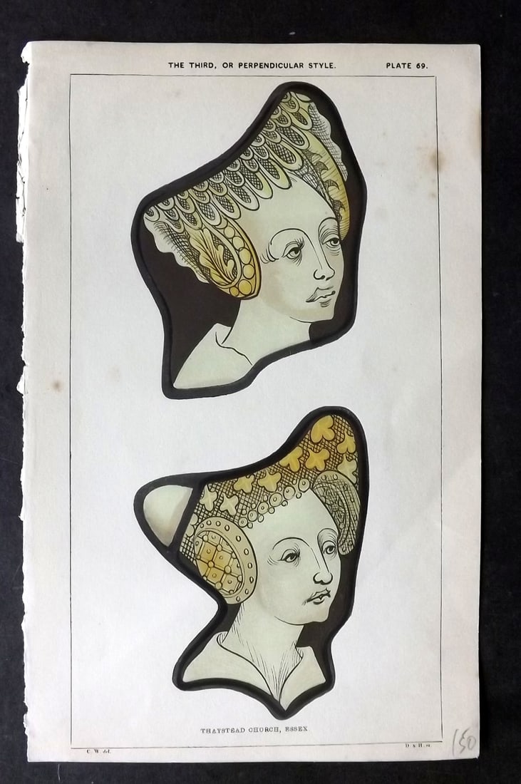 Winston, Charles 1847 Hand Col Stained Glass Print. Thaystead Church, Essex 69: Hand Colored Woodblock Published 1847, London for "An Inquiry Into the Difference of Style Observable in Ancient Glass Paintings, Especially in England, with Hints on Glass Painting" by Charles Winsto
