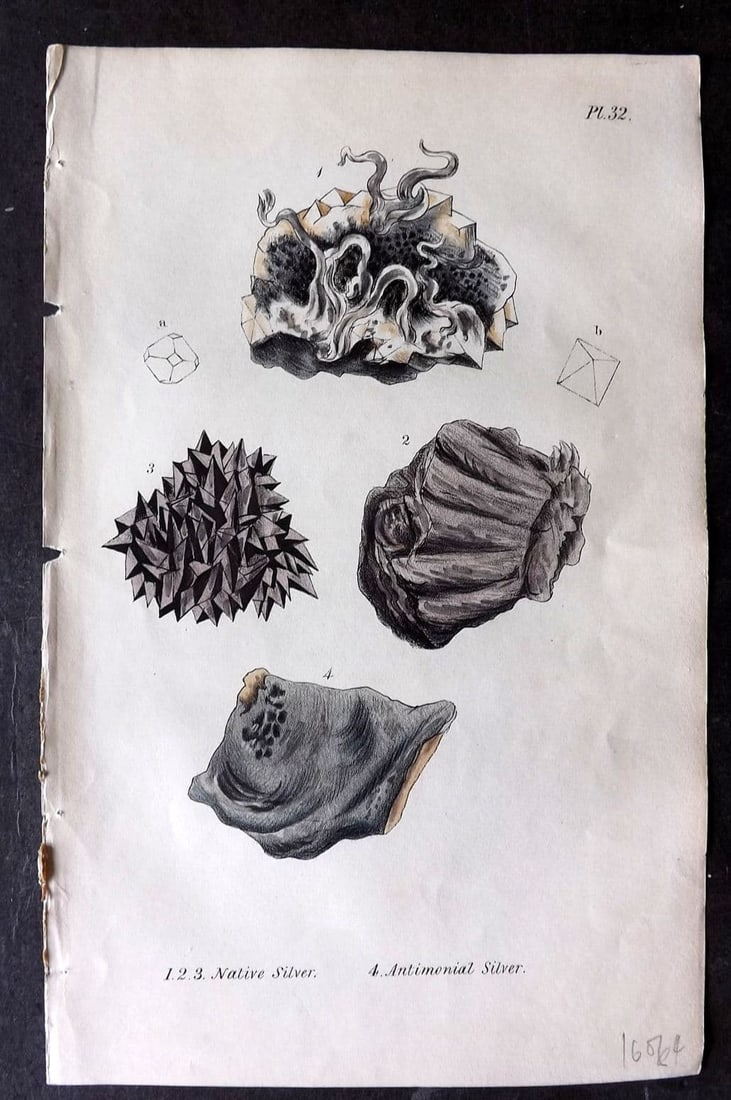 Stephenson, John 1838 Hand Col Mineralogy Print. Native & Antimonial Silver 32 (1 of 1)