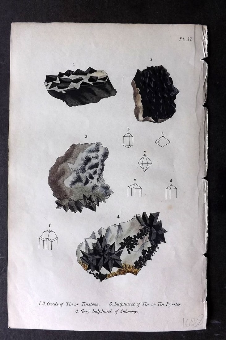 Stephenson, John 1838 Hand Col Mineralogy Print. Oxide & Sulphuret of Tin, Antinomy 37 (1 of 1)
