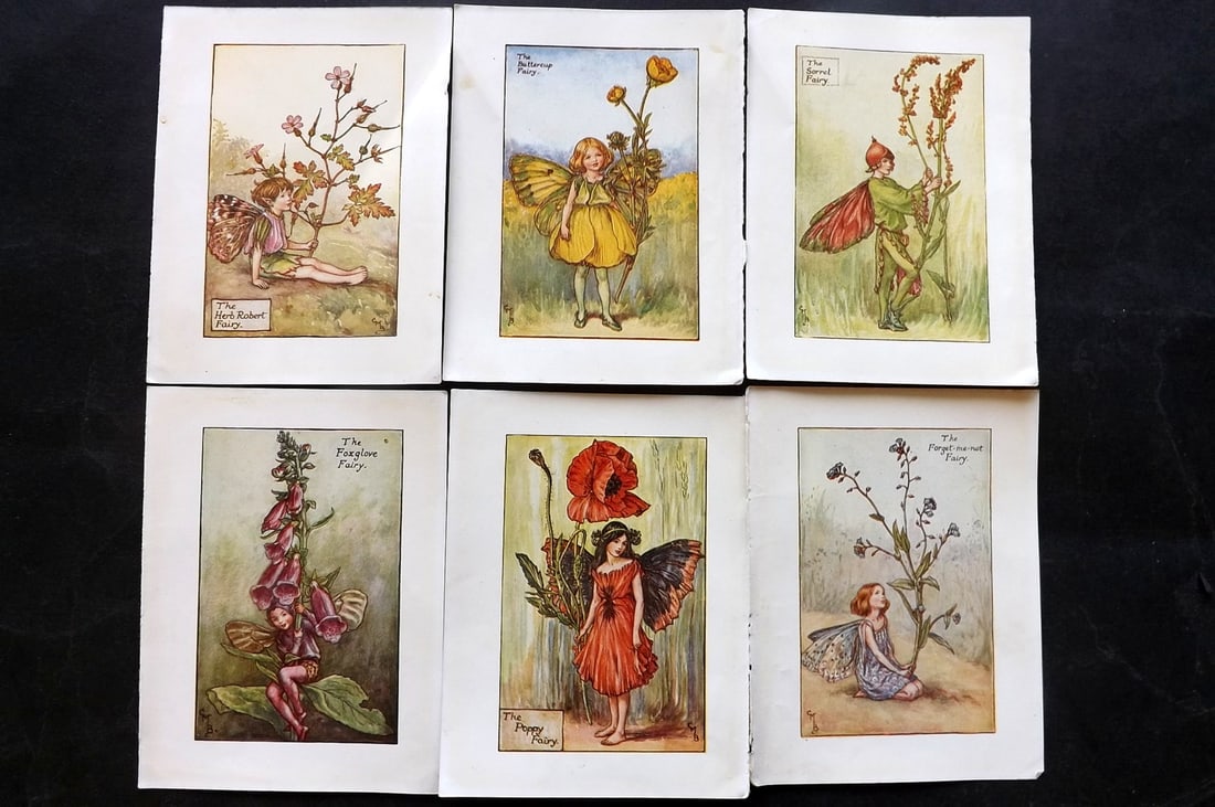 Barker, Cicely Mary C1940 Lot of 6 Flower-Fairy Prints - Summer: Summer Fairies. Lithographs Published C1935-45 by Blackie & Son, London & Glasgow for the "Flower-Fairies" Series by Cicely Mary Barker. Reverse side blank.Paper Size: 5.5 x 4 inch (14 x 10cm) Good Co