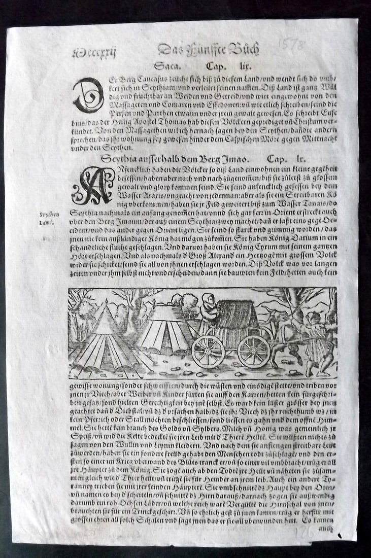 Munster, Sebastian 1578 Early Woodcut. Village Scene in Scythia Russia: Woodcut Published 1578, Basel for the "Cosmographia" by Sebastian Munster. Printed both sides. Paper Size: 11 x 7 inch (28 x 18cm) Approx. Good Condition