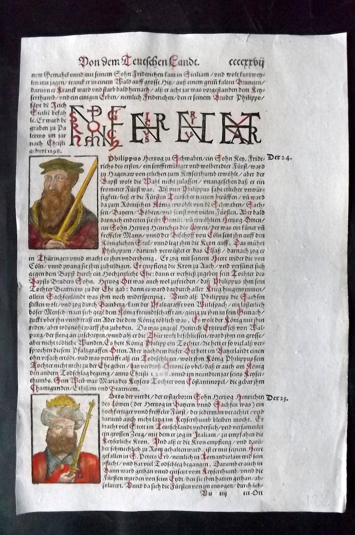 Munster, Sebastian 1588 Early Hand Col Woodcut. Portraits of the House of Henneberg: Contemporary Hand Colored Woodcut Published 1588, Basel for the "Cosmographia" by Sebastian Munster. Printed both sides. Paper Size: 12 x 8 inch (30 x 20cm) Approx. Good Condition