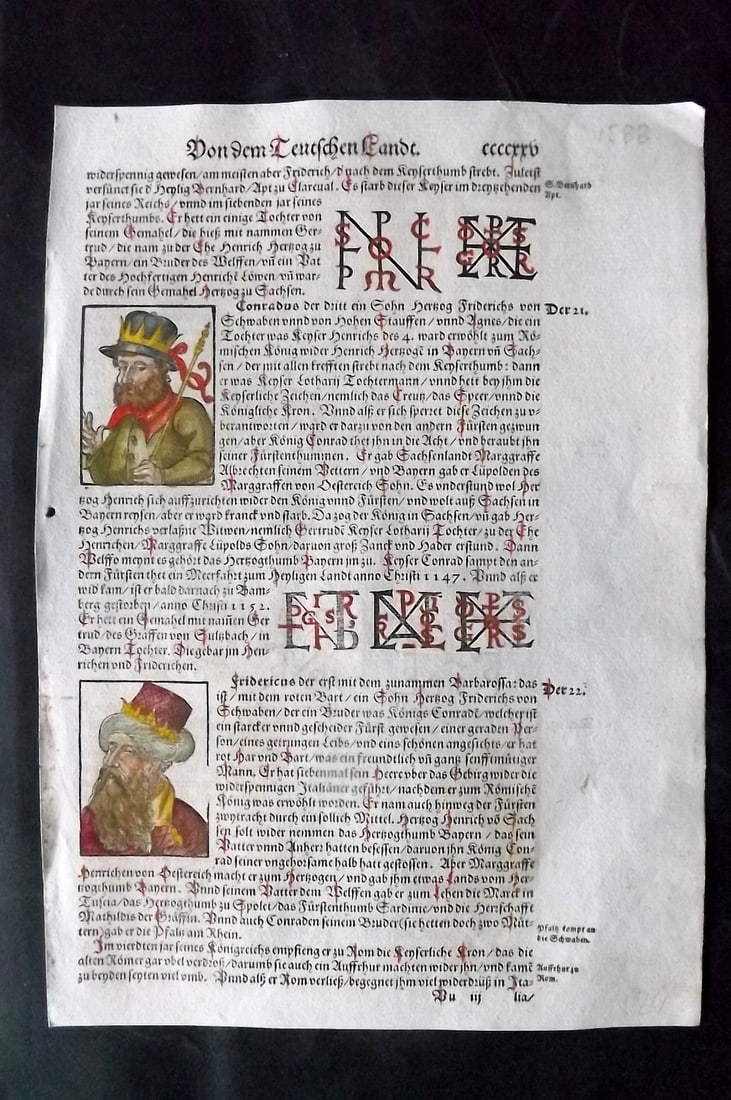 Munster, Sebastian 1588 Early Hand Col Woodcut. Portraits of Counts of Henneberg & John Frederick: Contemporary Hand Colored Woodcut Published 1588, Basel for the "Cosmographia" by Sebastian Munster. Printed both sides. Paper Size: 12 x 8 inch (30 x 20cm) Approx. Good Condition
