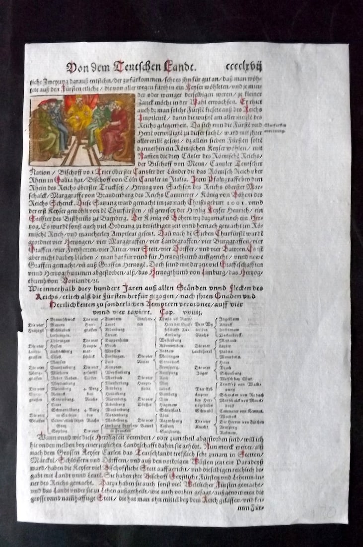 Munster, Sebastian 1588 Early Hand Col Woodcut. Reception with a Bishop: Contemporary Hand Colored Woodcut Published 1588, Basel for the "Cosmographia" by Sebastian Munster. Printed both sides. Paper Size: 12 x 8 inch (30 x 20cm) Approx. Good Condition