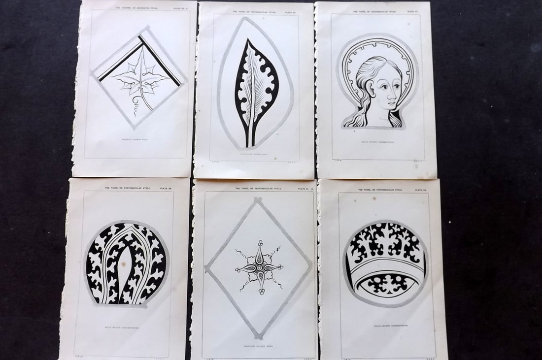 Winston, Charles 1847 Lot of 6 Antique Stained Glass Prints: Woodblock Published 1847, London for "An Inquiry Into the Difference of Style Observable in Ancient Glass Paintings, Especially in England, with Hints on Glass Painting" by Charles Winston. Paper Size