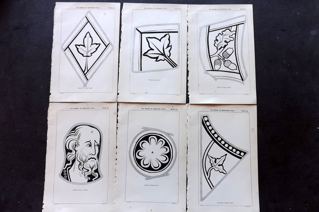 Winston, Charles 1847 Lot of 6 Antique Stained Glass Prints: Woodblock Published 1847, London for "An Inquiry Into the Difference of Style Observable in Ancient Glass Paintings, Especially in England, with Hints on Glass Painting" by Charles Winston. Paper Size