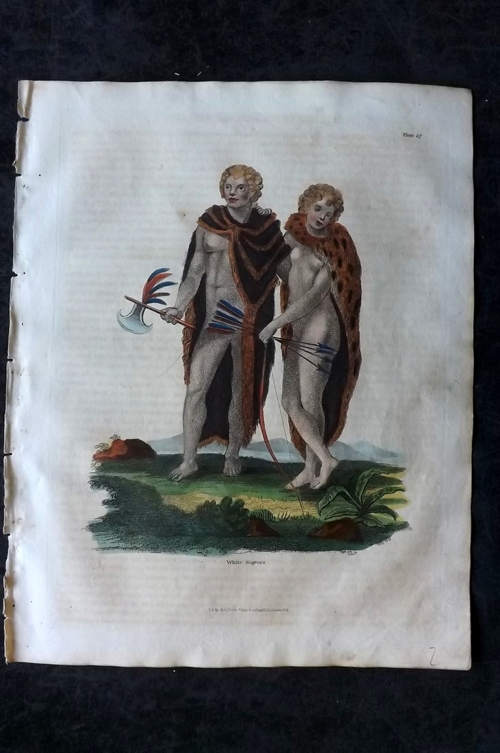 Buffon & Smellie 1828 Hand Colored Print. White Negroes, Albinos: Hand Colored Copper Plate Published 1828 by Thomas Kelly, London for "A Natural History, General and Particular..." by The Comte de Buffon and William Smellie. Paper Size: 10.5 x 8 inch (27 x 21cm) Mi