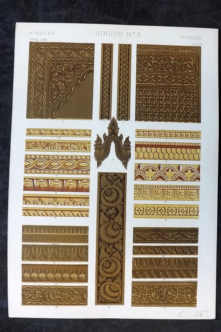 Jones, Owen 1910 Folio Architectural Design Print. Hindoo Hindu No. 3: Chromolithograph Published 1910 by Bernard Quaritch, London for "The Grammar of Ornament" by Owen Jones. Paper Size: 13 x 9 inch (33 x 23cm) Good Condition