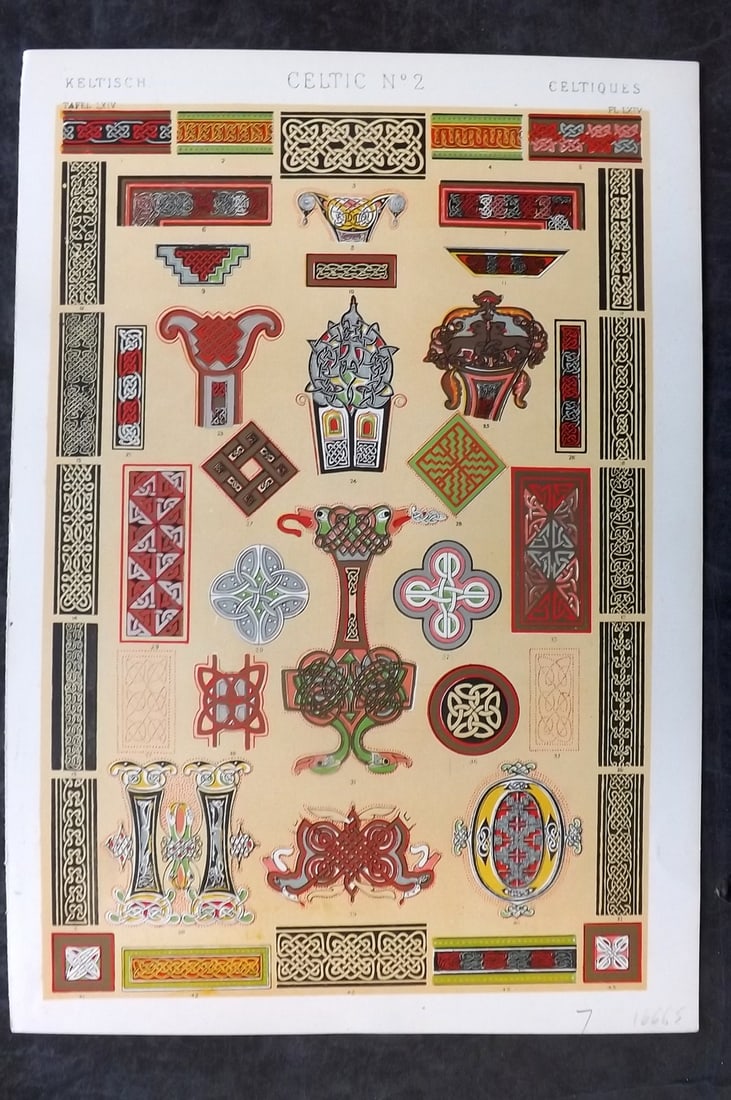 Jones, Owen 1910 Folio Architectural Design Print. Celtic No. 2: Chromolithograph Published 1910 by Bernard Quaritch, London for "The Grammar of Ornament" by Owen Jones. Paper Size: 13 x 9 inch (33 x 23cm) Good Condition