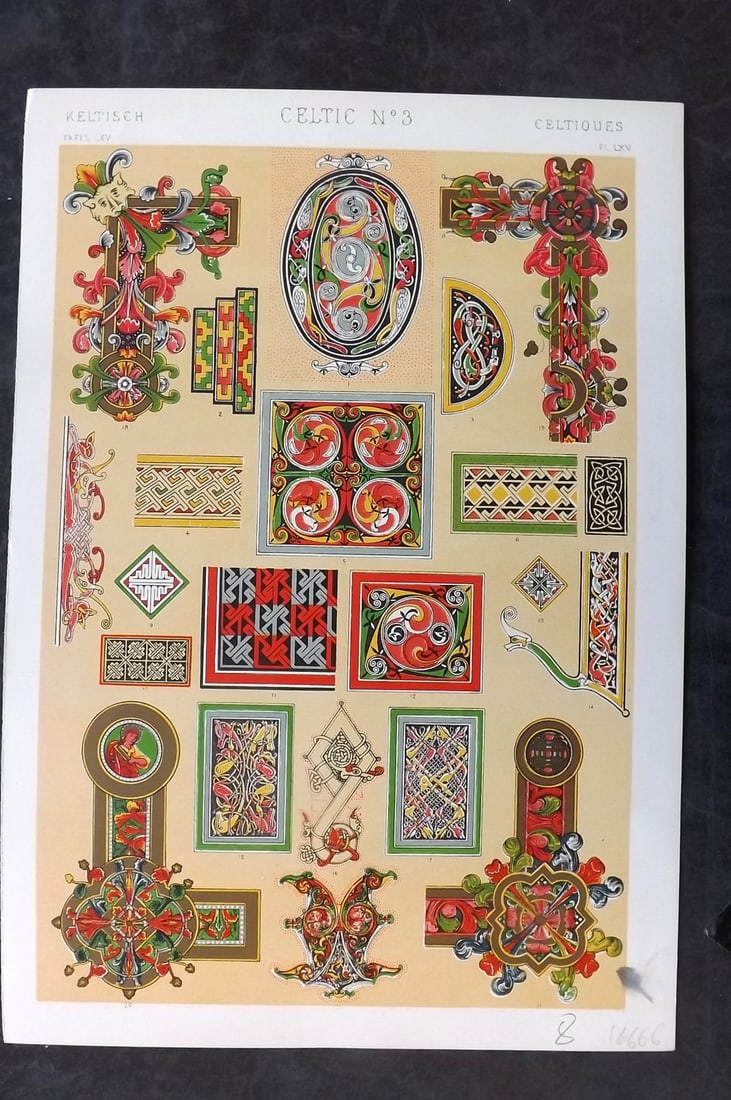 Jones, Owen 1910 Folio Architectural Design Print. Celtic No. 3: Chromolithograph Published 1910 by Bernard Quaritch, London for "The Grammar of Ornament" by Owen Jones. Paper Size: 13 x 9 inch (33 x 23cm) Good Condition