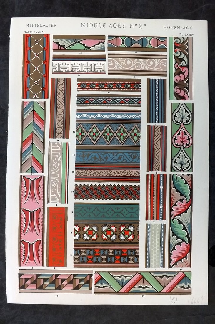 Jones, Owen 1910 Folio Architectural Design Print. Middle Ages No. 2*: Chromolithograph Published 1910 by Bernard Quaritch, London for "The Grammar of Ornament" by Owen Jones. Paper Size: 13 x 9 inch (33 x 23cm) Good Condition