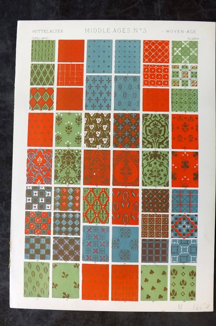 Jones, Owen 1910 Folio Architectural Design Print. Middle Ages No. 3: Chromolithograph Published 1910 by Bernard Quaritch, London for "The Grammar of Ornament" by Owen Jones. Paper Size: 13 x 9 inch (33 x 23cm) Good Condition