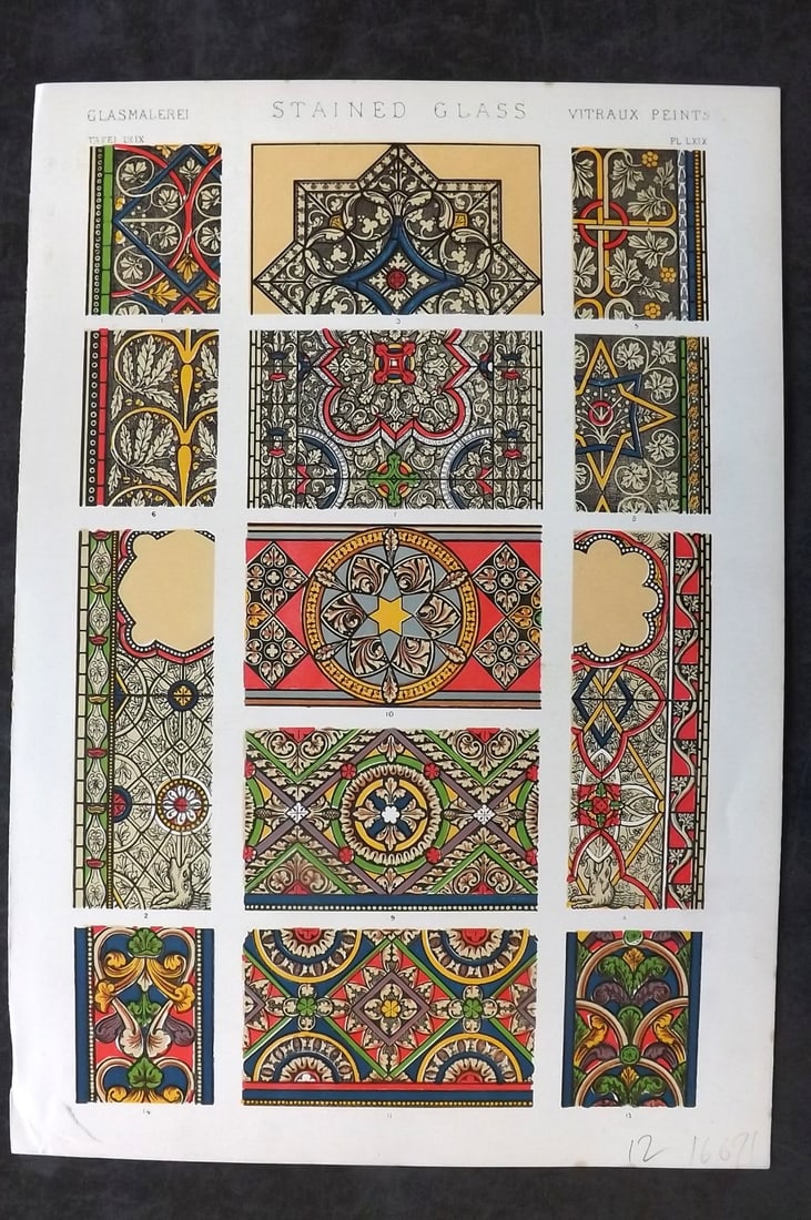 Jones, Owen 1910 Folio Architectural Design Print. Stained Glass PL 69: Chromolithograph Published 1910 by Bernard Quaritch, London for "The Grammar of Ornament" by Owen Jones. Paper Size: 13 x 9 inch (33 x 23cm) Good Condition
