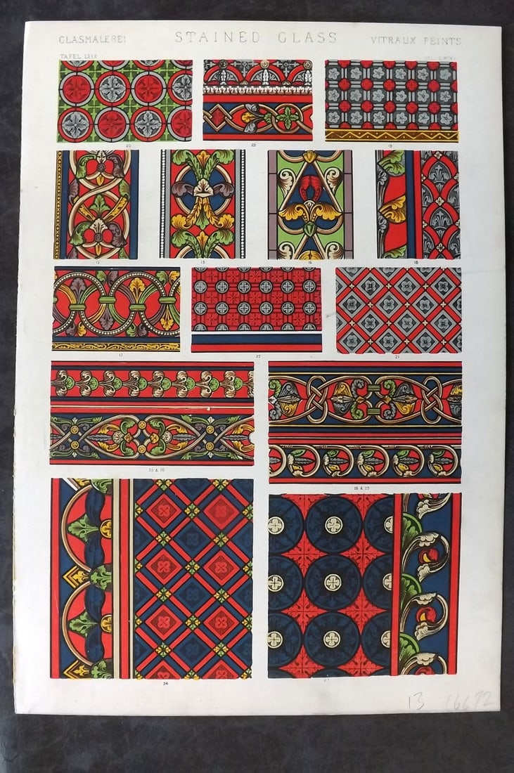 Jones, Owen 1910 Folio Architectural Design Print. Stained Glass PL 69A: Chromolithograph Published 1910 by Bernard Quaritch, London for "The Grammar of Ornament" by Owen Jones. Paper Size: 13 x 9 inch (33 x 23cm) Good Condition