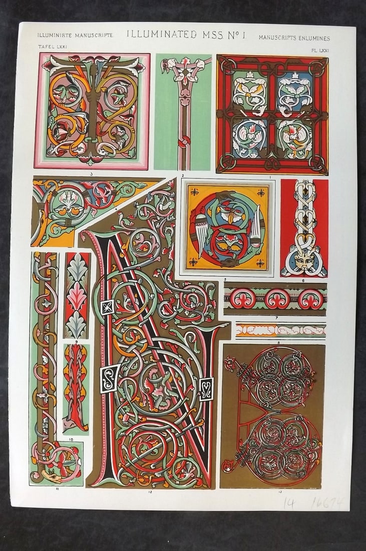Jones, Owen 1910 Folio Architectural Design Print. Illumintated Manuscript No. 1: Chromolithograph Published 1910 by Bernard Quaritch, London for "The Grammar of Ornament" by Owen Jones. Paper Size: 13 x 9 inch (33 x 23cm) Good Condition