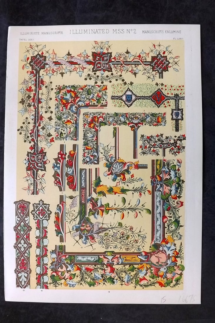 Jones, Owen 1910 Folio Architectural Design Print. Illumintated Manuscript No. 2: Chromolithograph Published 1910 by Bernard Quaritch, London for "The Grammar of Ornament" by Owen Jones. Paper Size: 13 x 9 inch (33 x 23cm) Good Condition