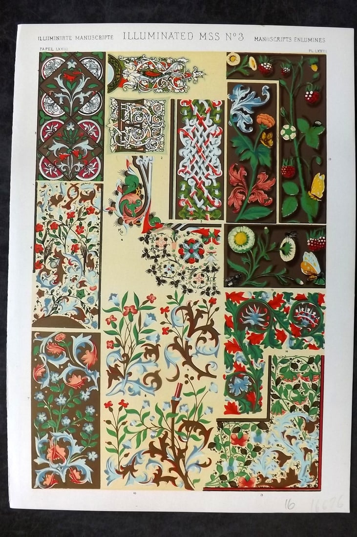 Jones, Owen 1910 Folio Architectural Design Print. Illumintated Manuscript No. 3: Chromolithograph Published 1910 by Bernard Quaritch, London for "The Grammar of Ornament" by Owen Jones. Paper Size: 13 x 9 inch (33 x 23cm) Good Condition